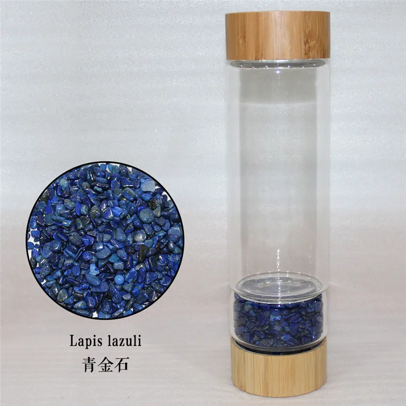 Креативный 450 мл натуральный хрусталь камень стекло с отделением для бутылки воды здоровая энергия воды чашка бамбук кварц портативный - Цвет: Lapis lazuli