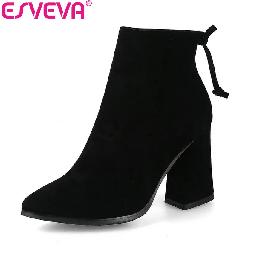 

ESVEVA 2020 Pointed Toe Flock Winter Women Shoes Short Plush Square High Heel Ankle Boots Zipper Western Ladies Wedding Shoes