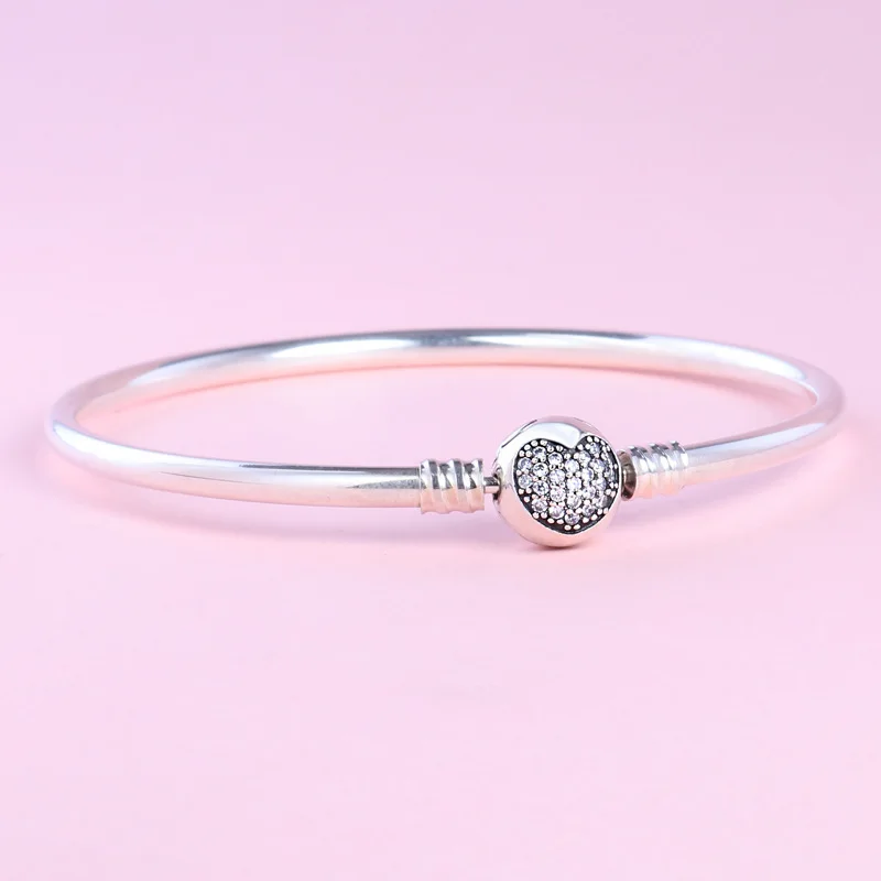 

925 Sterling Silver Crystal Love Heart Clasp Snake Chain Pan Bracelets Bangle Fit Bead Charm DIY Jewelry