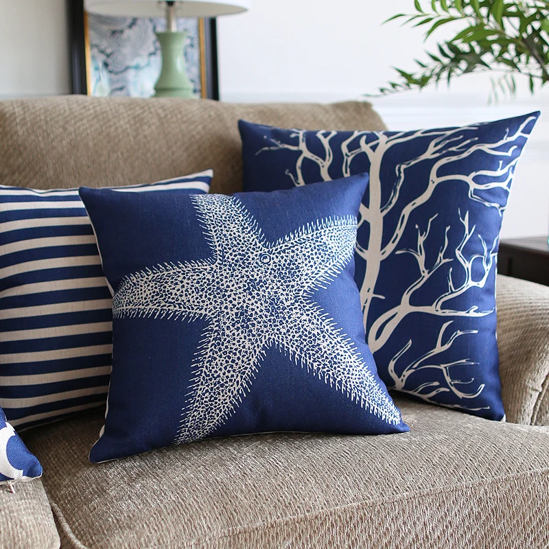 

Mediterranean Sea Blue Coral Starfish Shell Cushions Covers Geometric Stripe Plaid Anchor Cushion Cover Linen Cotton Pillow Case