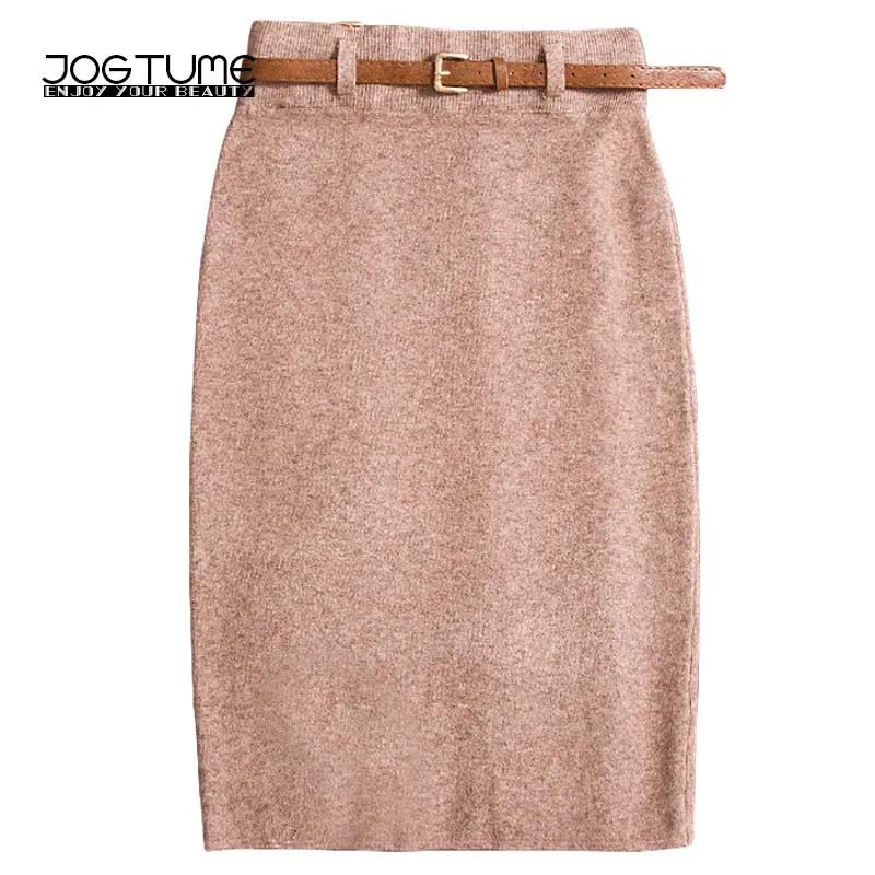 

2017 Autumn Winter Women Skirt Split Back Fashion Stretch Waist Knitting Cotton Bodycon Pencil Skirts with Free Belt Khaki Color