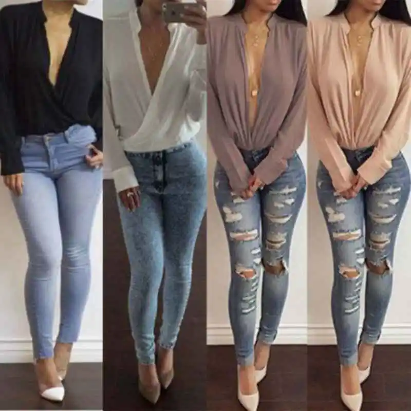 

Fashion Women Long Sleeve Shirt V Neck Loose Casual Blouse Chiffon Summer Tops S-XL
