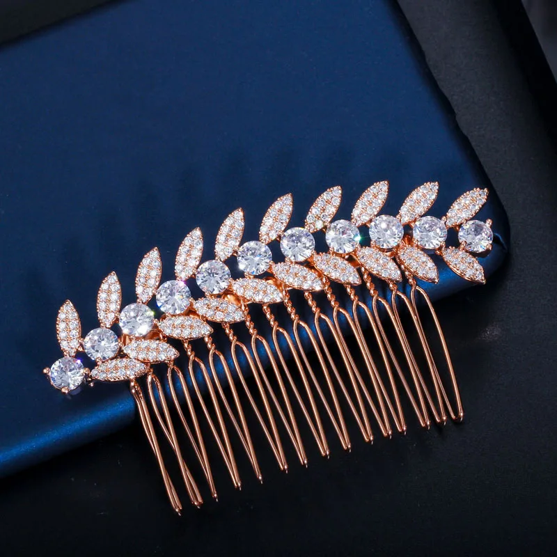 CWWZircons Luxury White Gold Color Shiny Cubic Zirconia Stone Leaf Bridal Wedding Hair Combs Pins Jewelry Accessories A011 - Окраска металла: Rose Gold