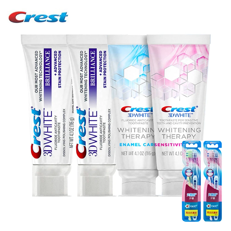 Crest 3D White Dental Teeth Whitening Toothpaste Therapy Sensitivity Enamel Care Brillance Tooth Paste 4pc With Gift Toothbrush