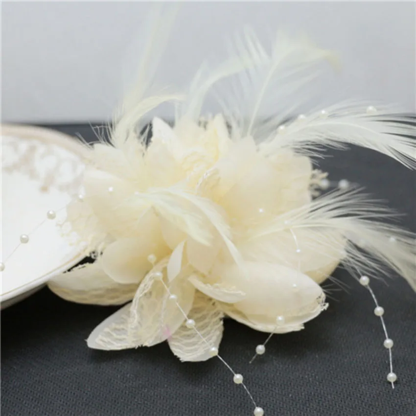 

Beige 12cm Feather Headband Wrist Headdress Wedding Party Prom Corsage Pearl Lotus hair accessories