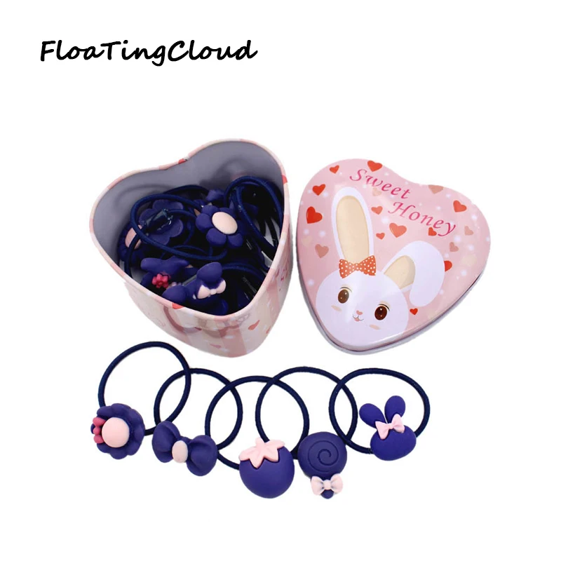 Q 20Pcs Kids Hair Bands Rubber Fashion Ring Elastic Gift Box Girls Headwear Accessories Cute Cartoon Candy Color | Аксессуары для