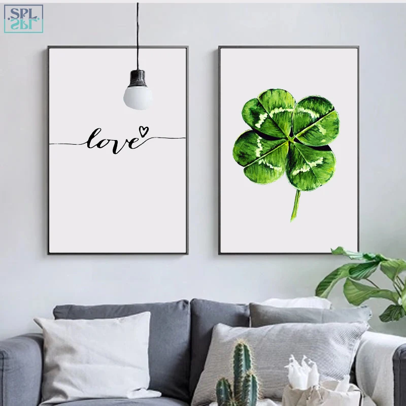 

SPLSPL Nordic Minimalist Wall Art Picture Green Leaf Plant Canvas Print Poster Painting Scandinavian LOVE Home Decor No Frame