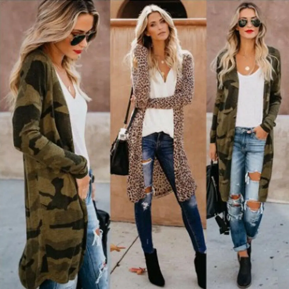 

Spring and autumn Womens Leopard Cardigan Open Front Boho Camo Long Sleeve Plus Long Jacket Sun-proof