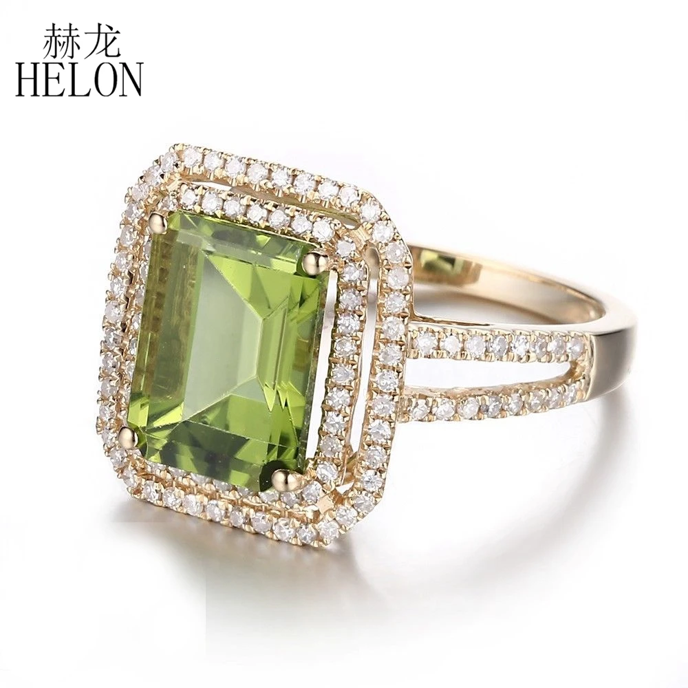 HELON 10x8 мм Изумрудное кольцо перидот Твердое 14 к желтое золото натуральные бриллианты обручальное кольцо для женщин модные ювелирные изделия уникальное кольцо