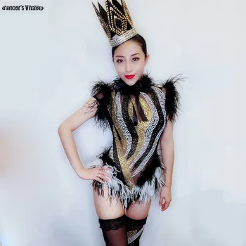 

Rhinestone feather high fork short sleeveJumpsuit Costume Stones Rompers Women Outfit Diamonds Bodysuit Party Celebrate Wear