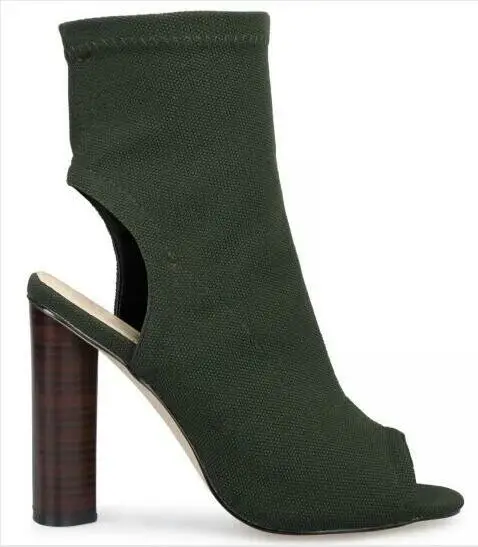 

Newest 2016 Designer Black Green Beige Denim Ankle Boots Peep Toe Cut-out Back Heel Thick Heel Women Short Boots Size 10