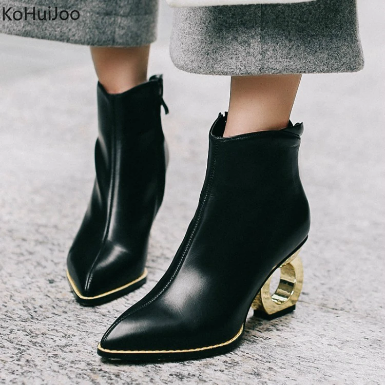 

KoHuiJoo Real Cow Leather Ankle Boots for Women 9.5cm Strange Heel Pointed Toe Side Zip Genuine Leather Metal Heels Short Boots