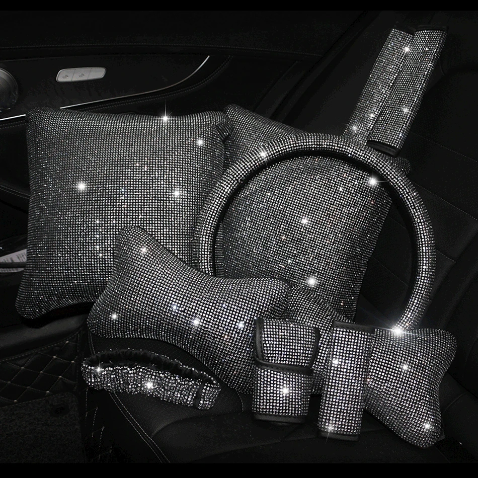 

Crystal Rhinestone Steering Wheel Cover Bling Bling Car Seat Belt Pad Neck Pillow Waist Support Auto Interior Accessories Kit