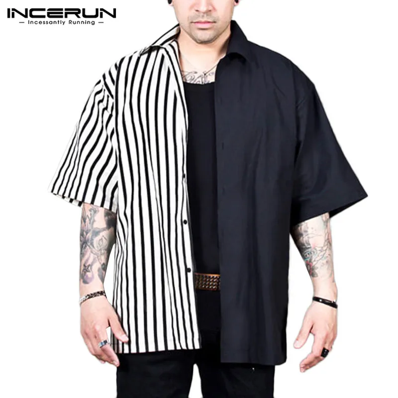  INCERUN Fashion Striped Patchwork Men Shirt Personality Short Sleeve Loose Button Up Hip-hop Casual