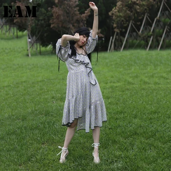 

[EAM] 2020 New Spring Summer Ruffled Collar Short Sleeve Pleated Bandage Backless Pattern Print Loose Dress Women Fashion JY073