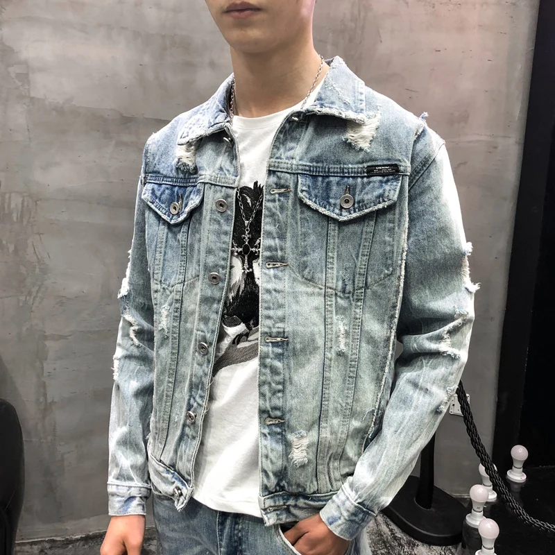 YASUGUOJI New 2019 Hip Pop Fashion Embroidered Patch Jean Jacket Men Denim Jackets Streetwear Hole Slim Fit Jeans Jacket for Men