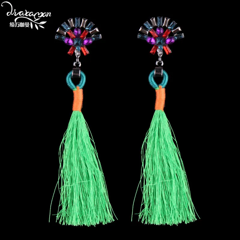 Dvacaman, ручная работа, большие тканевые серьги-капли в виде цветка, богемные этнические длинные серьги с кисточками, вечерние серьги с кристаллами для женщин YY81 - Окраска металла: green3