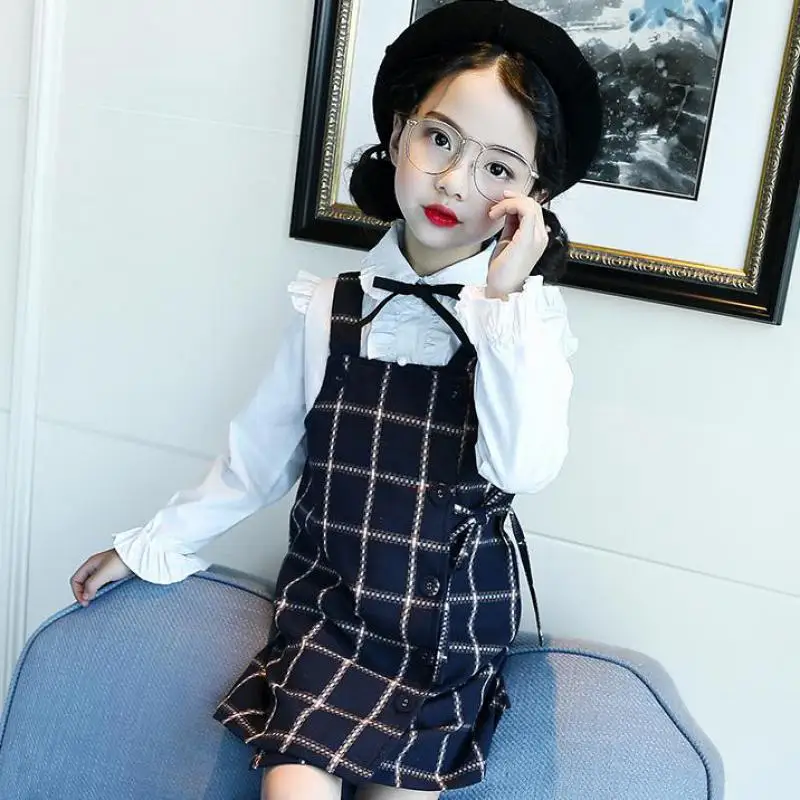 

Baby Girls Clothing Set Wholesale 2018 Autumn Fall Toddler Girls Clothes 10 12 Year White Blouses Shirt + Sleeveless Plaid Dress