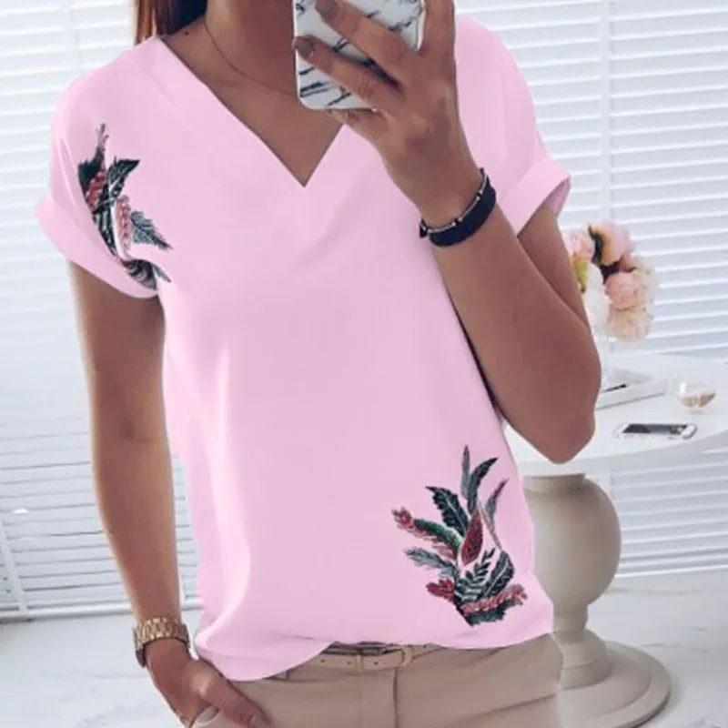 2020 New Summer Autumn Women Sexy V-Neck Short Sleeve T-Shirts Ladies Casual Fashion Flora Print Tops Tees Size S-XL | Женская одежда