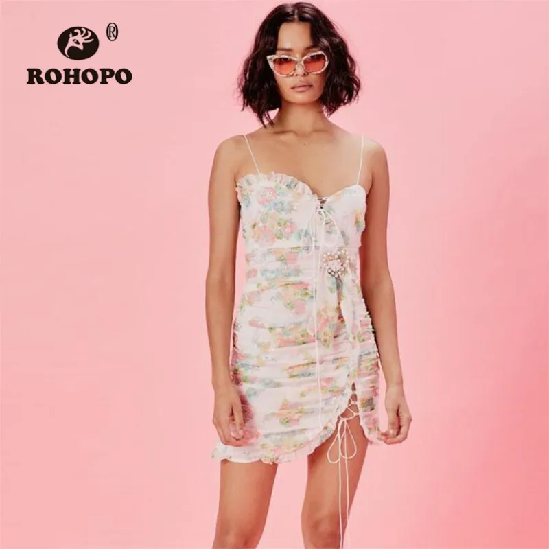

ROHOPO Female Sleeveless Cake Pencil Chiffon Dress Beach Bodycon Patchwork Lace Floral Mini Empire Dress Beading Party Vestido