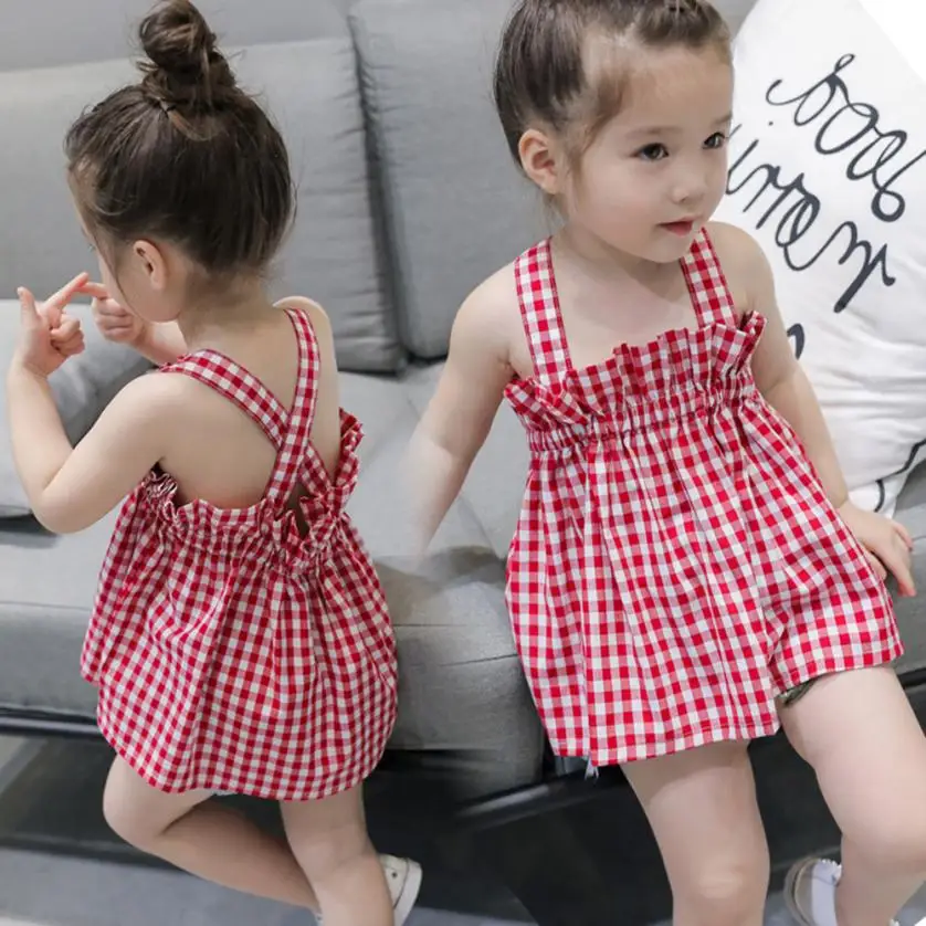 

TELOTNY 2018 Summer girls dresses fashion cut Infant Baby Girls Plaid Print Sleeveless Backless Party Dress Clothes m5