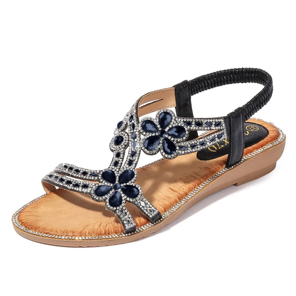 2019 Women's large size sandals bohemian flowers casual sandals rhinestone flat with fish mouth beach shoes sandals ladies 40J4 (1)