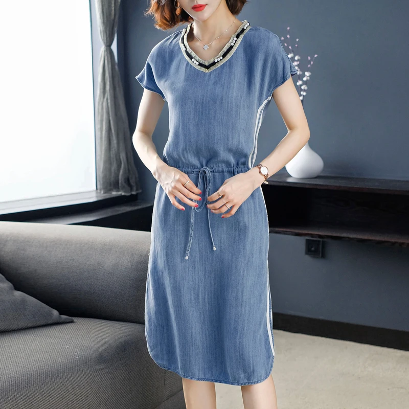 

New beaded slim V-neck casual denim dress