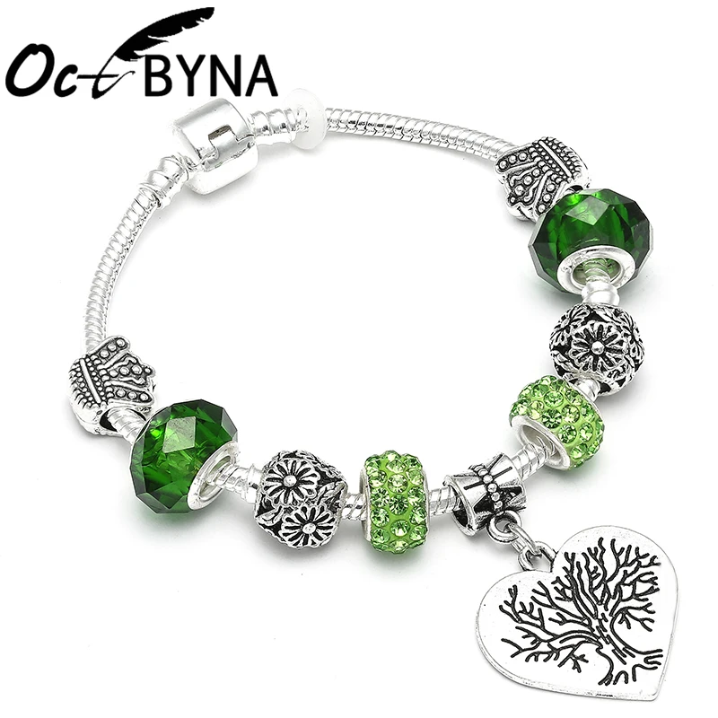 

New Green Tree Charm Bracelet For Women Silver Heart Flower Beads Pandora Bracelets Trendy Crystal Bangles Jewelry Gift