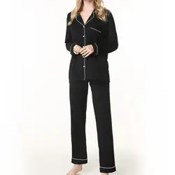 2019 пижамный комплект, женские штаны с длинными рукавами, пуговицы для пижамы, комплект нижнего белья с отворотом, топ + штаны, комплект из 2