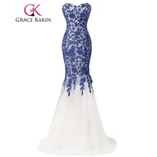 Grace karin vestido de noche de encaje larga noche de la sirena vestidos slim fit sin tirantes de tul negro rojo azul rosa vestidos de noche 2017