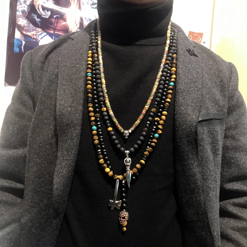 Collar de piedra Natural para hombre, nuevo diseño, cuentas negras, collares largos, colgantes triangulares para tallar flechas, joyería hombre 2019 _ - AliExpress Mobile