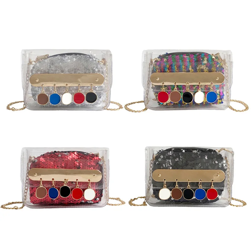 

Hot Women Messenger Bag PVC Transparent Phone Pouch Sequins Metal Chain Handbag Casual Shoulder Bags BVN66