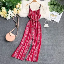 New Holiday Retro Printed V-collar Back-down Pocket Broad-legged Beach Women Casual Jumpsuits G267