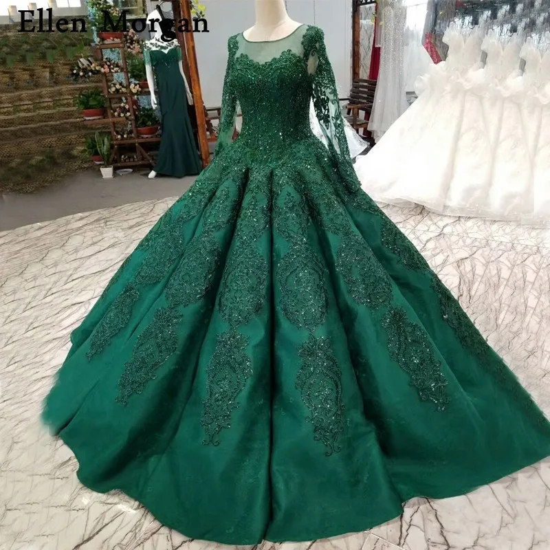 Dark Green Sparkling Long Sleeves Ball Gowns Wedding Dresses Beaded ...