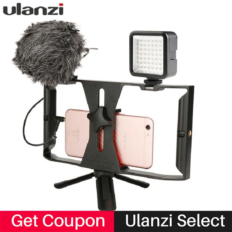 

Handheld Video Cage Rig Smartphone Stabilizer Film Steady Handle Mount Holder Grip with LED Video Light/REcording Microphone