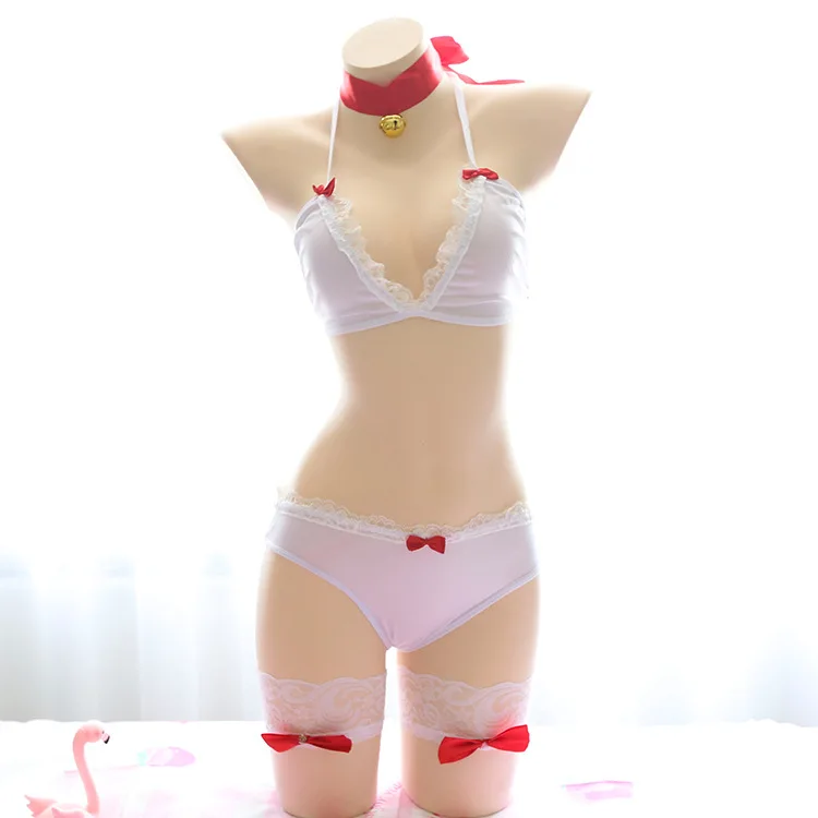 

Sexy Erotic Lingerie Set Sweet Pink Bra Panties Choker Red Bow Cute Cartoon Uniform Suit Lacy Japanese Bedroom swimsuit