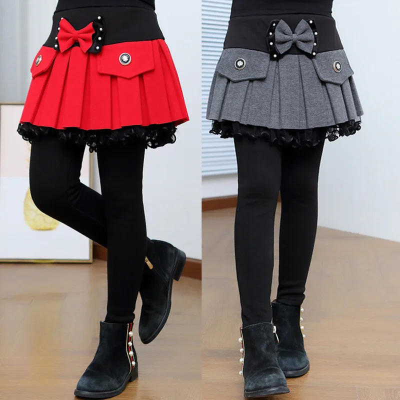 

Leggings For Girls Children Girl Pants Skirt False Two Piece Plus Velvet Thick Warm Wear Outside Pants 100-160 High Quality