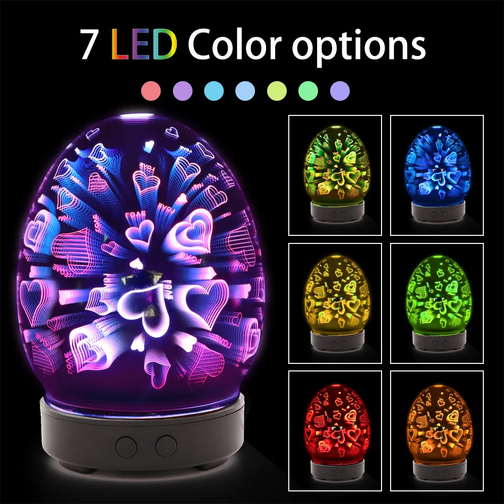 

3D Glass Essential Oil Aroma Diffuser Ultrasonic Aromatherapy Electric Air Humidifier with Colorful Night Light Mist Maker 100ml