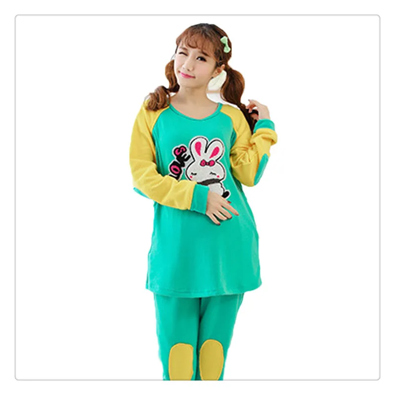 

2017 New Design Maternity Long Sleeve Cotton set Green rabbit Pattern Autumn Homewear Set Pajamas for Pregnant Women thick warm