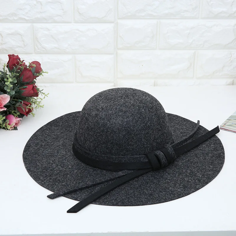 Осень-зима широкими полями, шерсть фетровая шляпа для Для женщин Винтаж дамы шляпа фетровая шляпа-котелок Hat Дерби купол для женщин