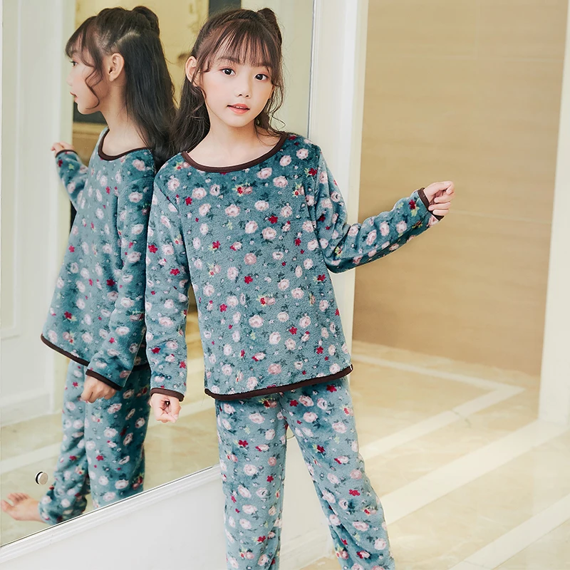 Winter Children Warm Pajamas Thicken Flannel Sleepwear Girls Loungewear Cartoon Coral Fleece Kids Pijamas Suit Casual Homewear