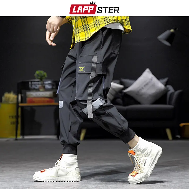 Cena LAPPSTER Streetwear Hip Hop Cargo spodnie 2019 jesień mężczyzna Baggy kieszenie wstążka spodnie joggery mężczyźni Japanes Style czarne spodnie Harem