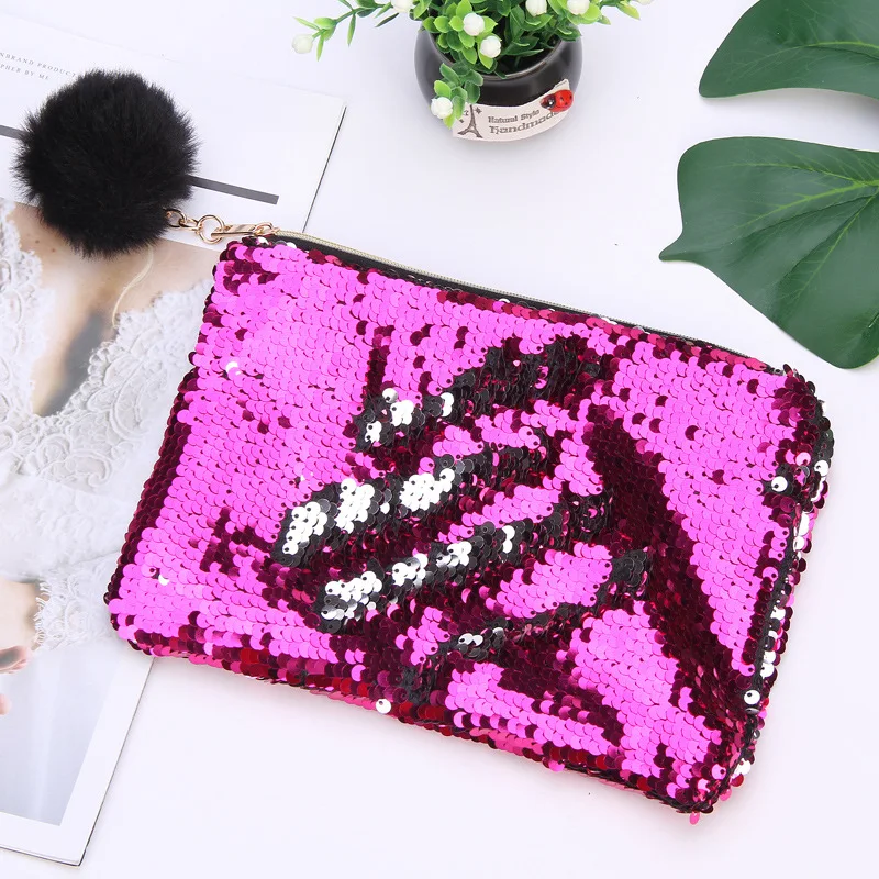 Fashion Reversible Sequins Glitter Makeup Bags Girl Cute Plush Ball Cute Cosmetics Pouchs For Travel Ladies Women Cosmetic Bag