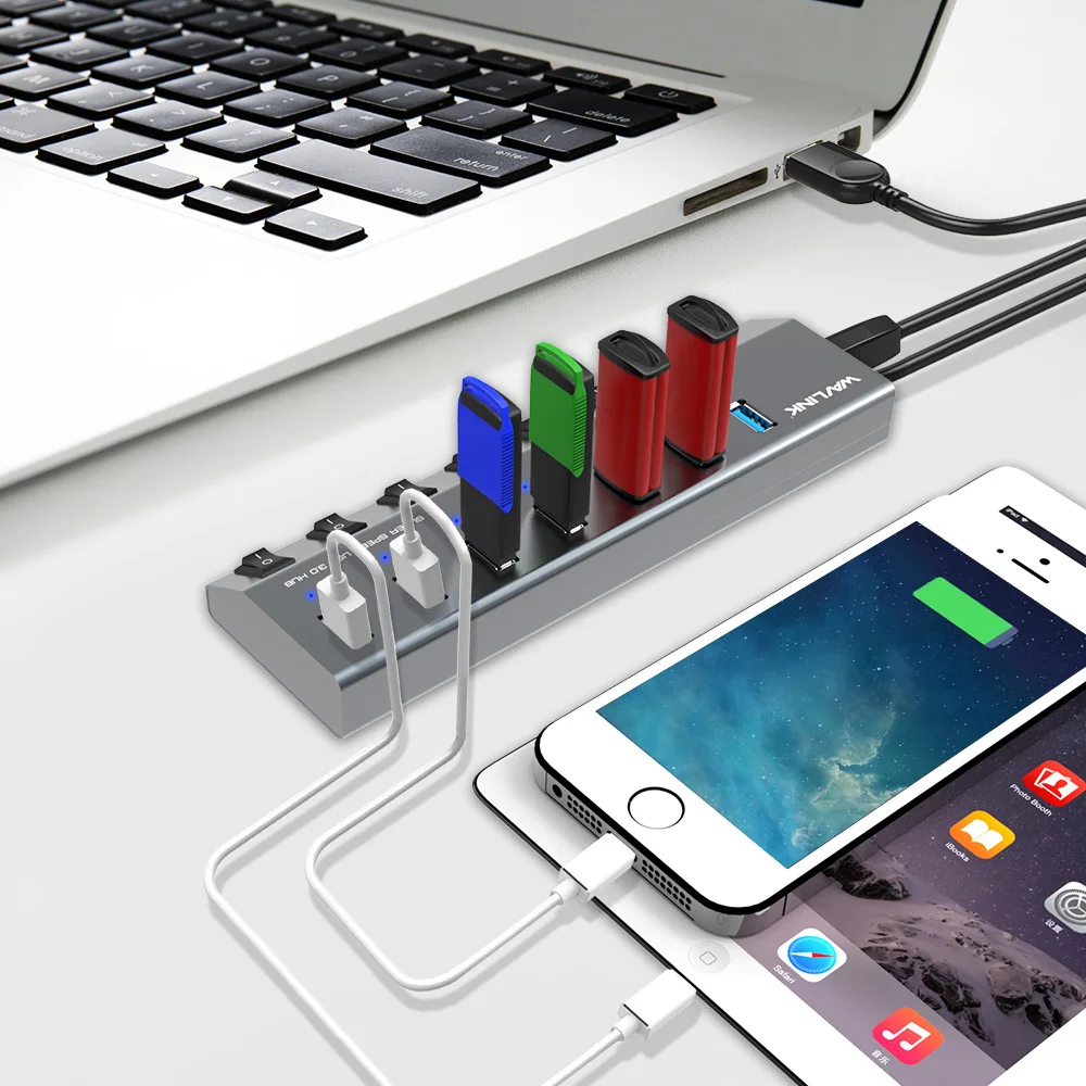 HUB USB 30 de aluminio Wavlink con interruptor de encendido/apagado de alta velocidad HUB USB 30 de