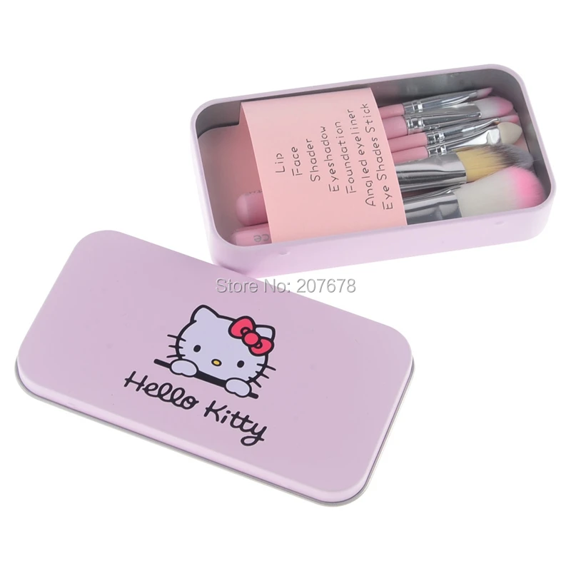 

Hot Hello Kitty 7 Pcs Mini Makeup brush Set cosmetics kit de pinceis de maquiagem make up brush Kit with Metal box