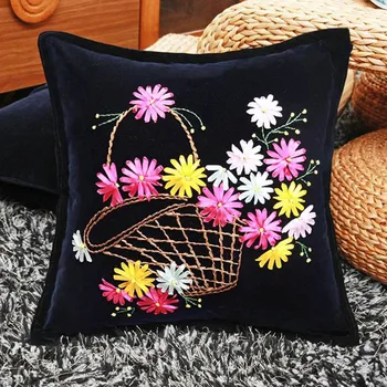 

Easy Ribbon Flower Basket Embroidery Black Pillow Case Cushion Cross Stitch Sets Needlework Swing Gift Handwork Craft Home Decor
