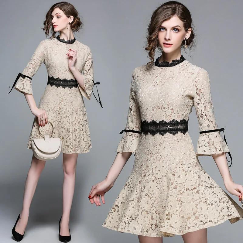 HIGH QUALITY New Fashion 2018 Runway Dress Women's Flare Sleeve Hollow out lace fishtail dress Lady Skirt Midi Dress