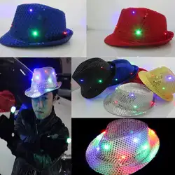 Для рождественской вечеринки украшения мигающие шляпы загорается светодиодный Fedora Шляпа Блесток шапки сверкающие принадлежности для