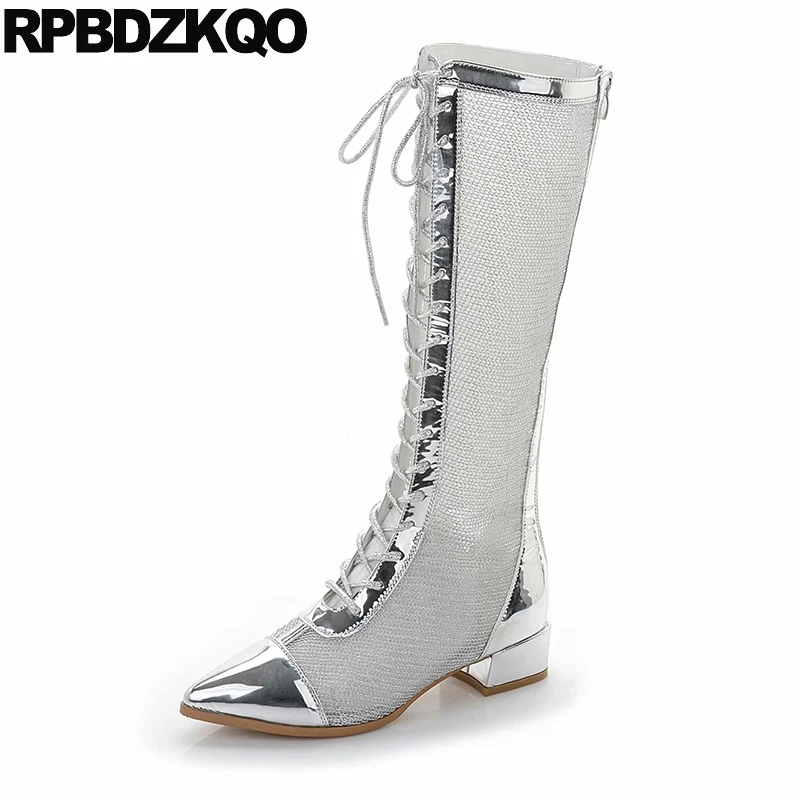 

fashion 2018 lace up mesh tall boots luxury brand shoes women patent leather summer pointed toe metallic long knee high silver