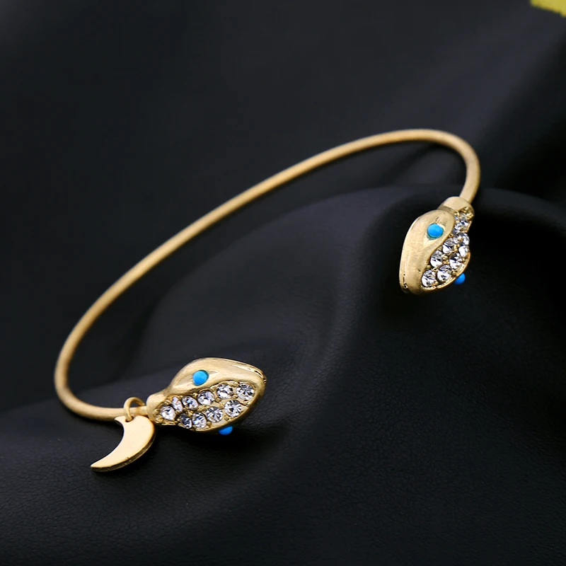 Antique Gold Color Open Cuff Bangle New Design Cool Snake Head Blue Fashion Women Jewelry | Украшения и аксессуары